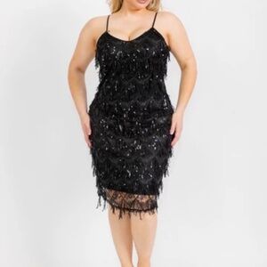 PLUS SIZE SLEEVELES V-NECK BODYCON FRINGE SEQUINS MIDI DRESS